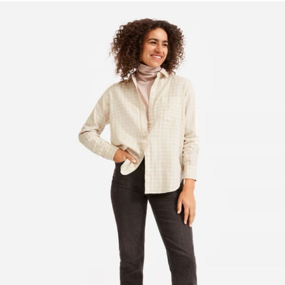 Everlane Double-Gauze Button Down Shirt- Tan & White Check, XXS